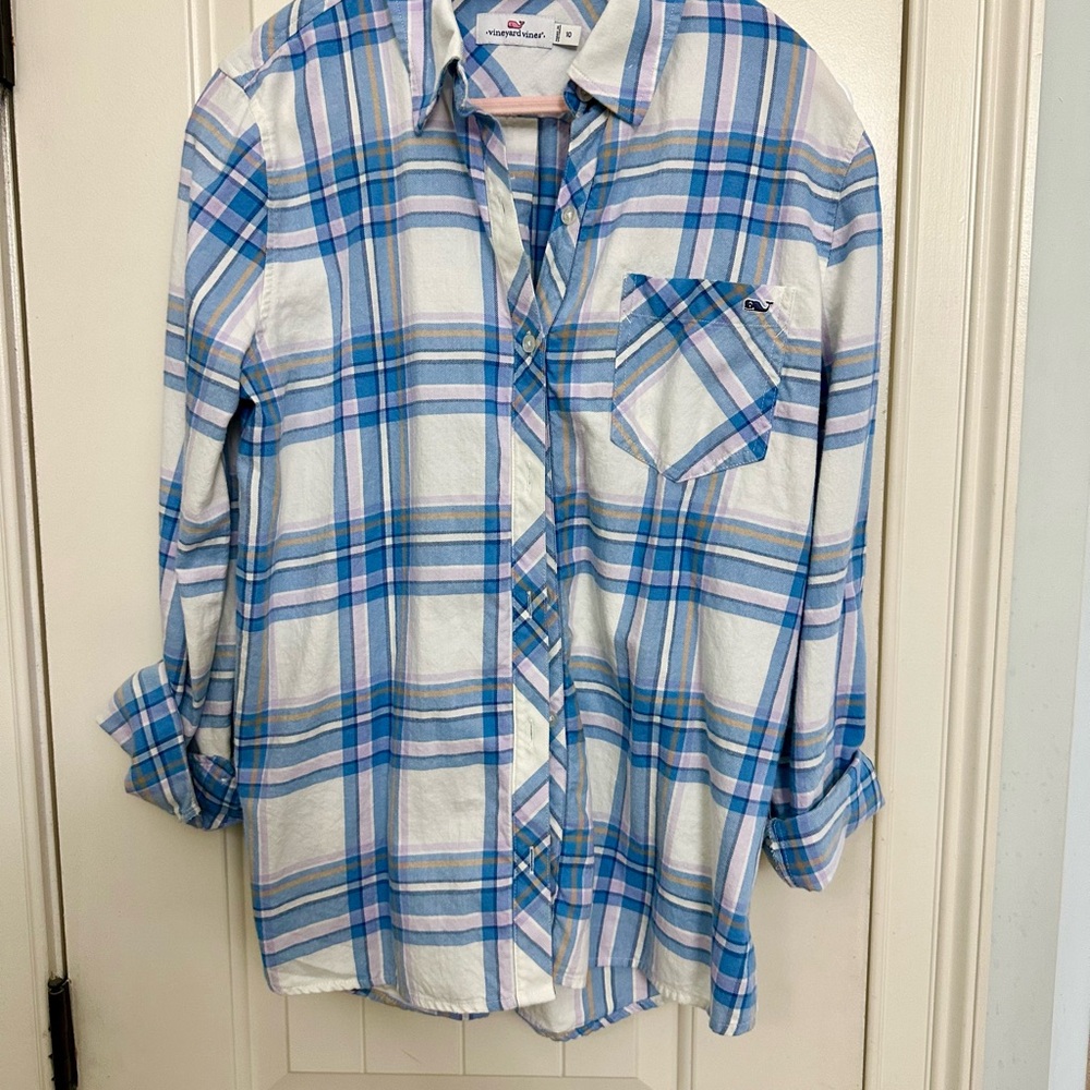 Vineyard Vines White, Blue & Tan Plaid Button-Up Shirt